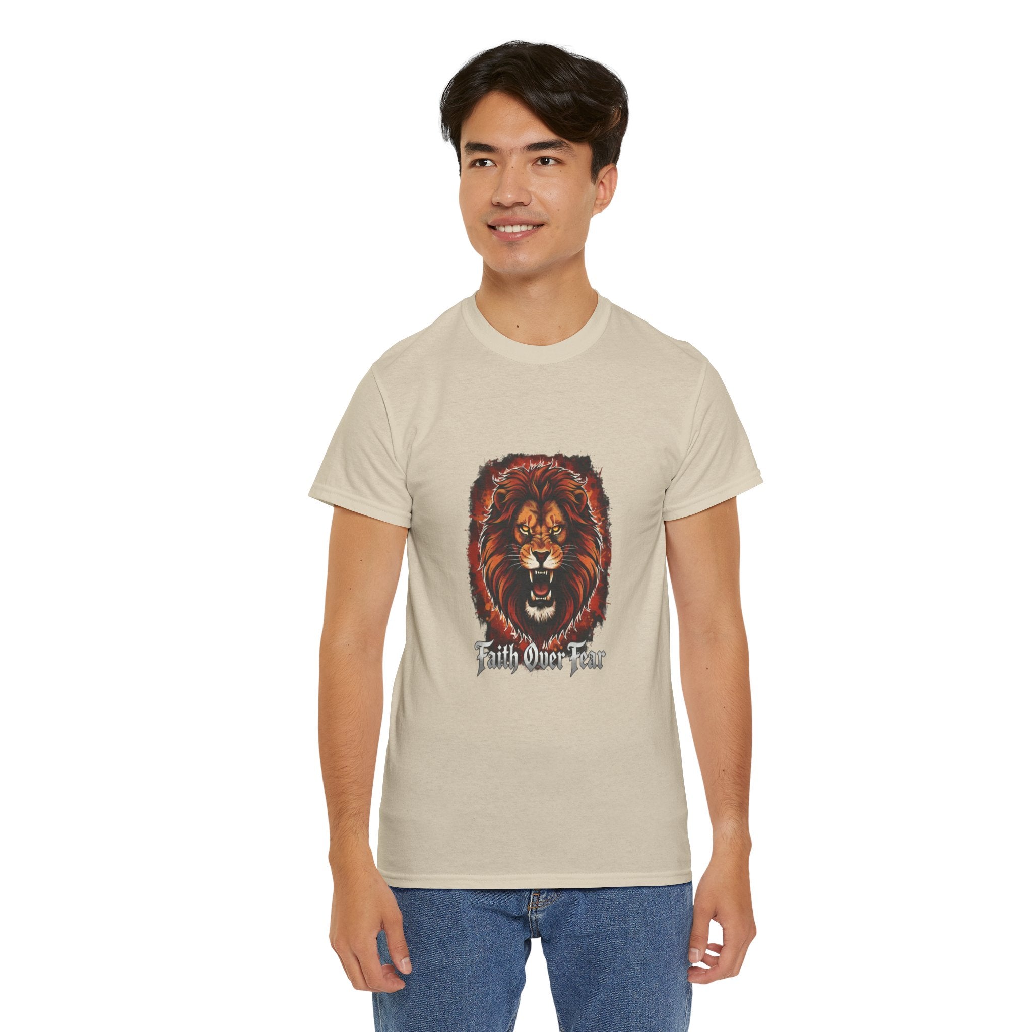 Fierce Lion "Faith Over Fear" T-Shirt | Unisex Heavy Cotton Tee | Inspirational & Motivational Apparel | Perfect Gift for Animal Lovers