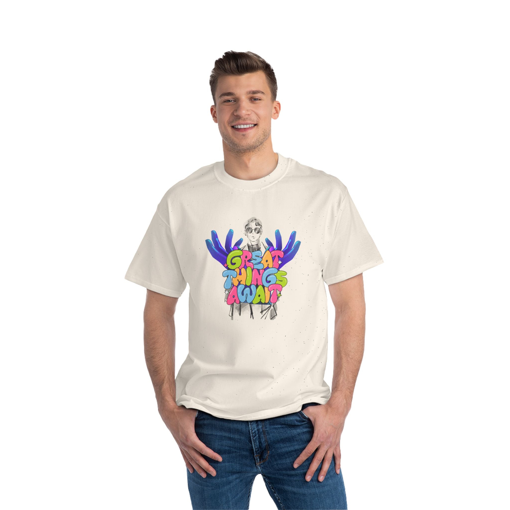 Colorful Graphic Tee - "Great Things Await" Inspirational T-Shirt, Fun Summer Shirt, Gift for Motivation, Youth Fashion, Casual Wear