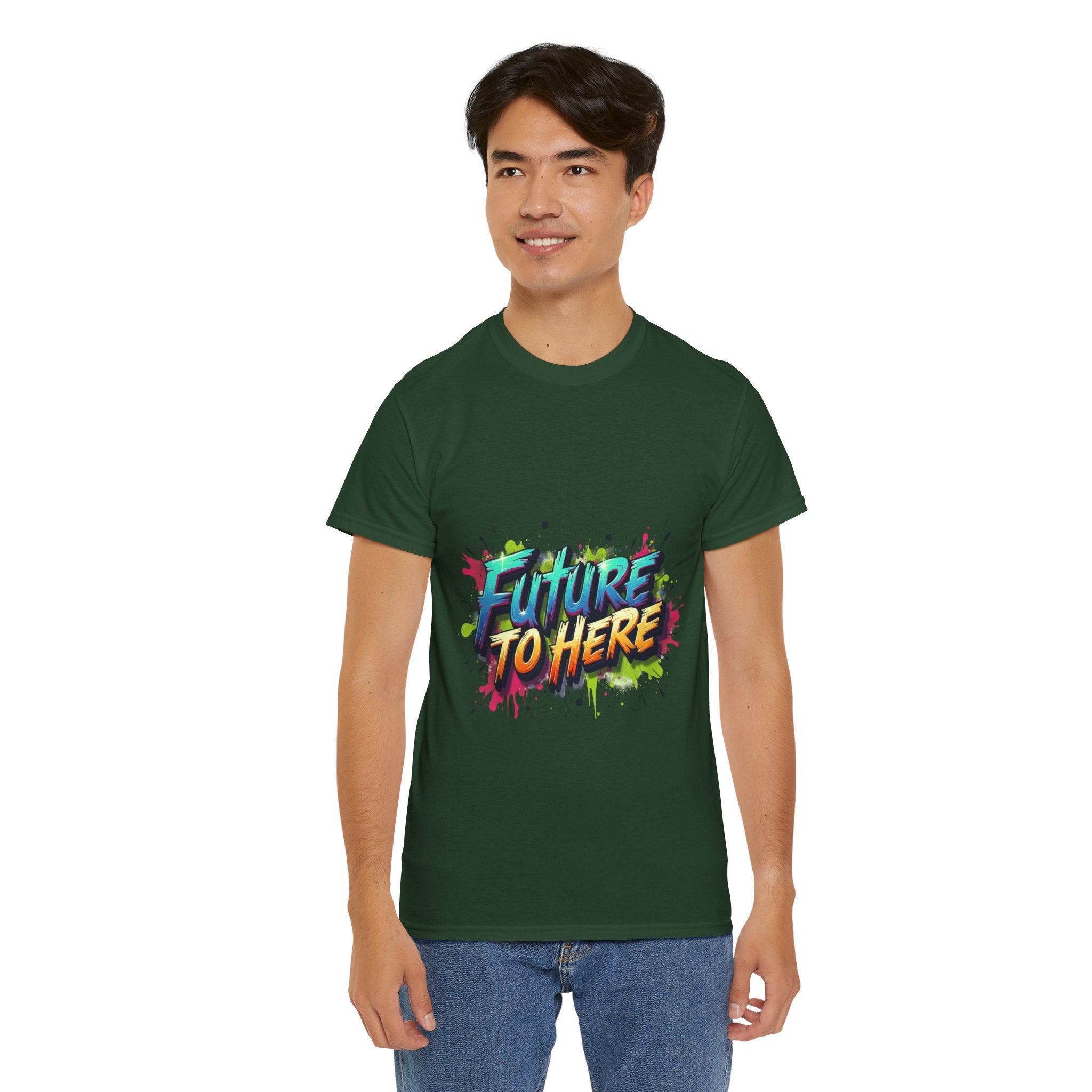 Colorful “Future Is Here” T-Shirt | Unisex Heavy Cotton Tee | Trendy Graphic Inspirational Quote Shirt | Perfect Gift for Dreamers & Achievers