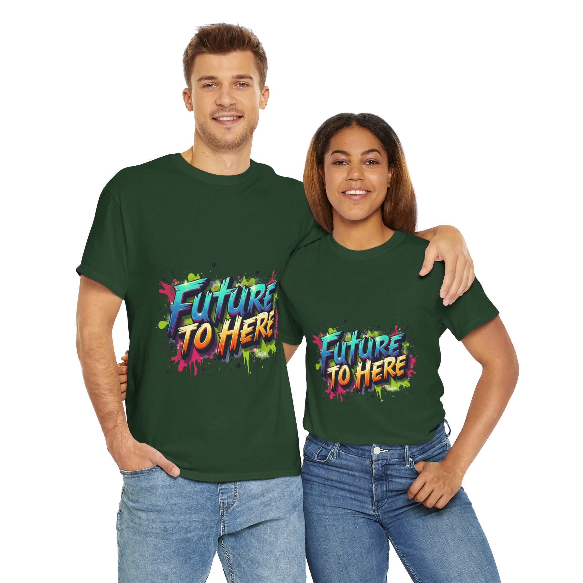 Colorful “Future Is Here” T-Shirt | Unisex Heavy Cotton Tee | Trendy Graphic Inspirational Quote Shirt | Perfect Gift for Dreamers & Achievers