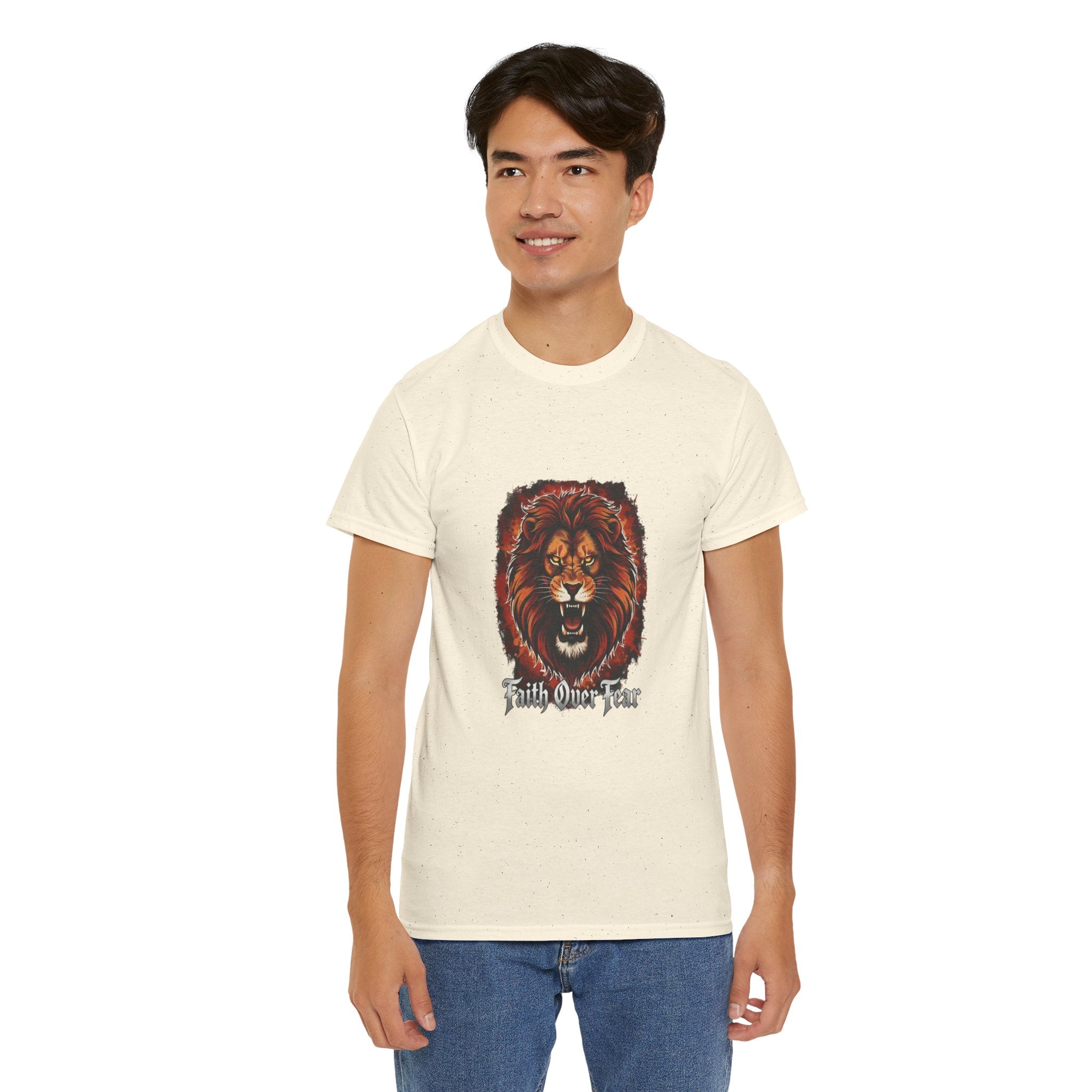 Fierce Lion "Faith Over Fear" T-Shirt | Unisex Heavy Cotton Tee | Inspirational & Motivational Apparel | Perfect Gift for Animal Lovers