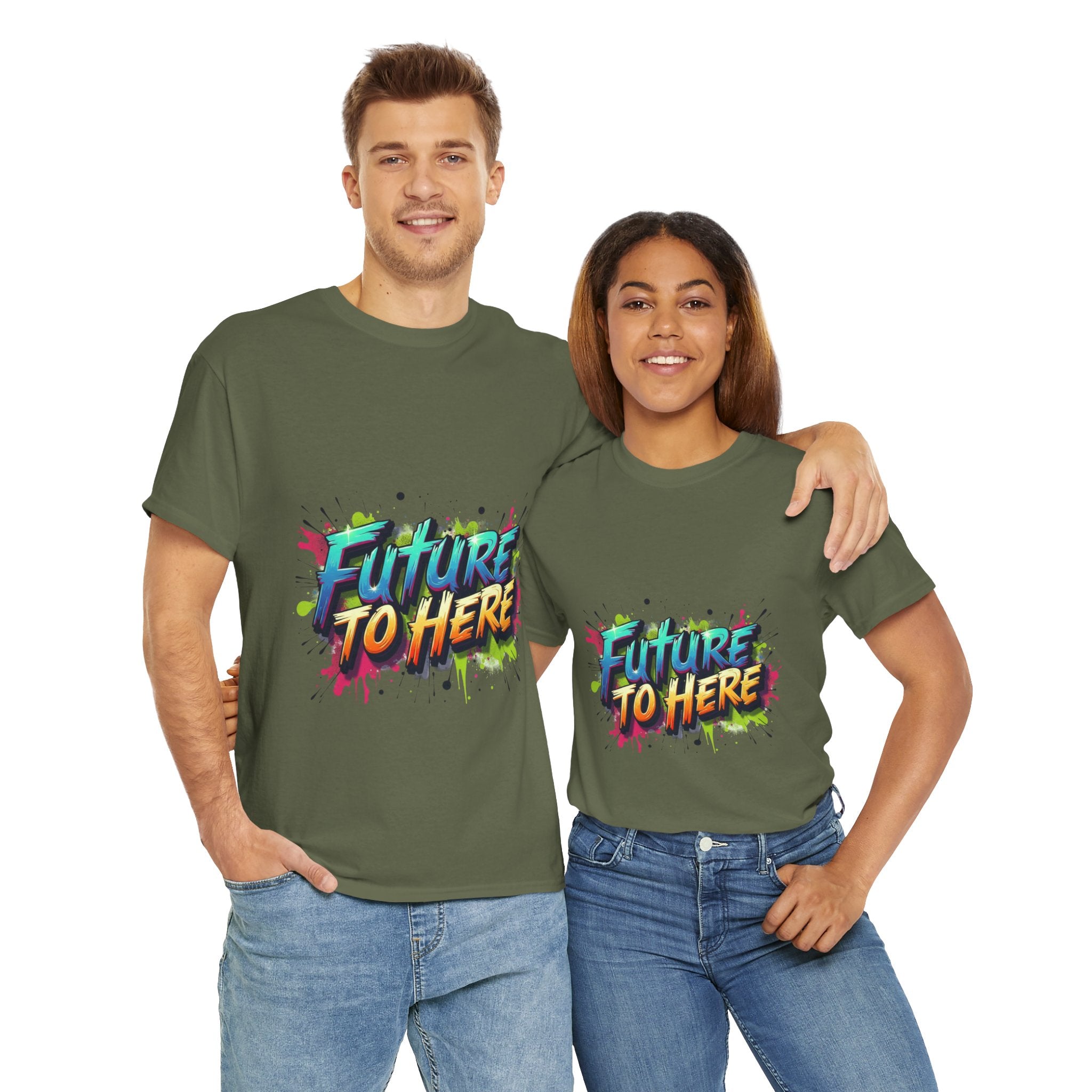 Colorful “Future Is Here” T-Shirt | Unisex Heavy Cotton Tee | Trendy Graphic Inspirational Quote Shirt | Perfect Gift for Dreamers & Achievers