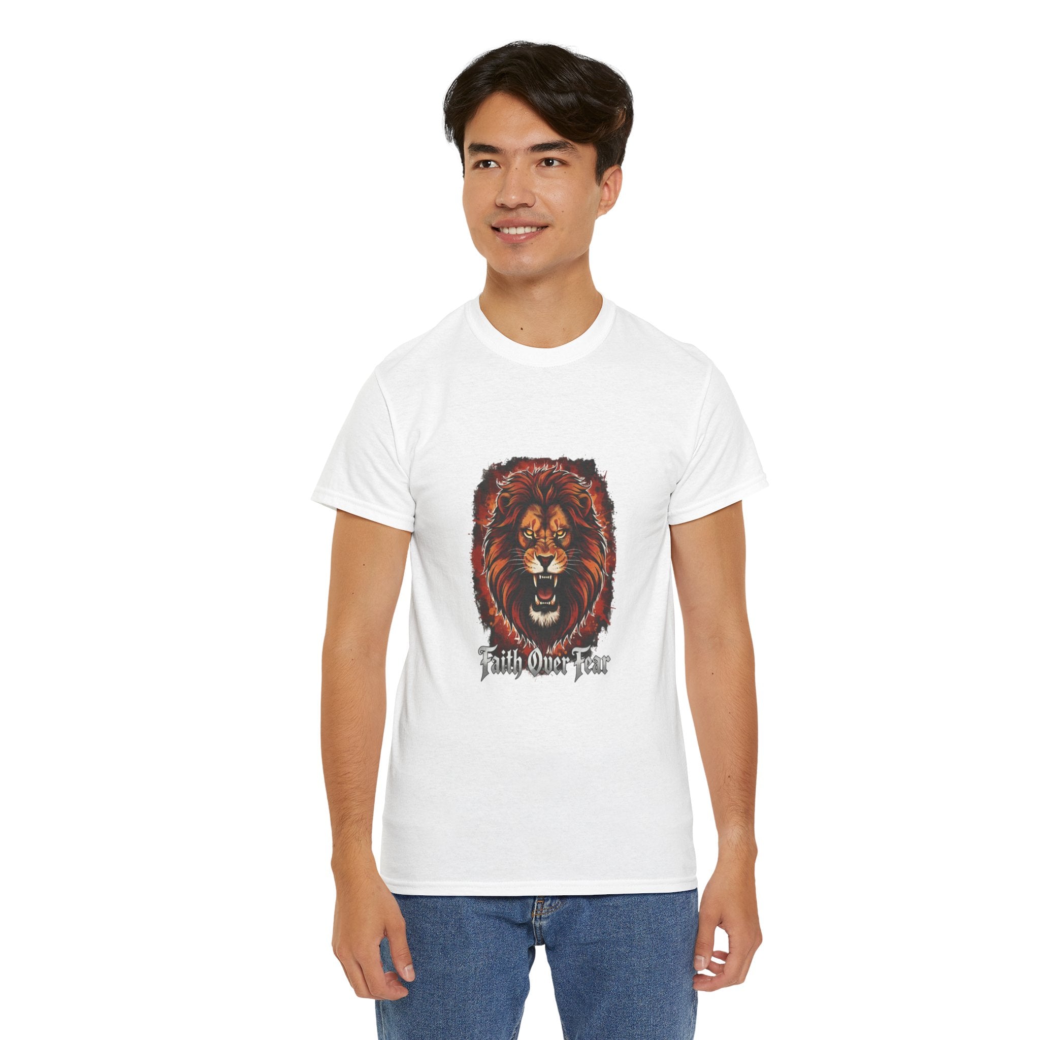 Fierce Lion "Faith Over Fear" T-Shirt | Unisex Heavy Cotton Tee | Inspirational & Motivational Apparel | Perfect Gift for Animal Lovers