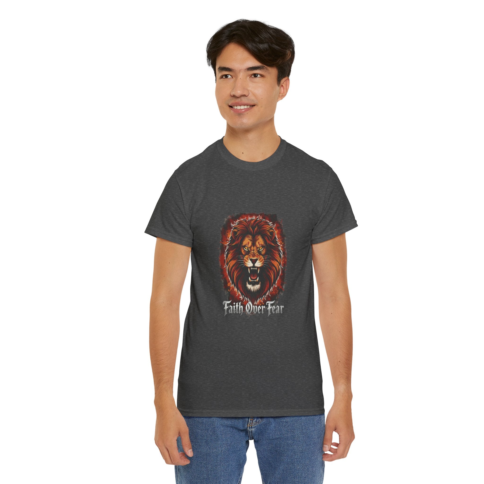 Fierce Lion "Faith Over Fear" T-Shirt | Unisex Heavy Cotton Tee | Inspirational & Motivational Apparel | Perfect Gift for Animal Lovers