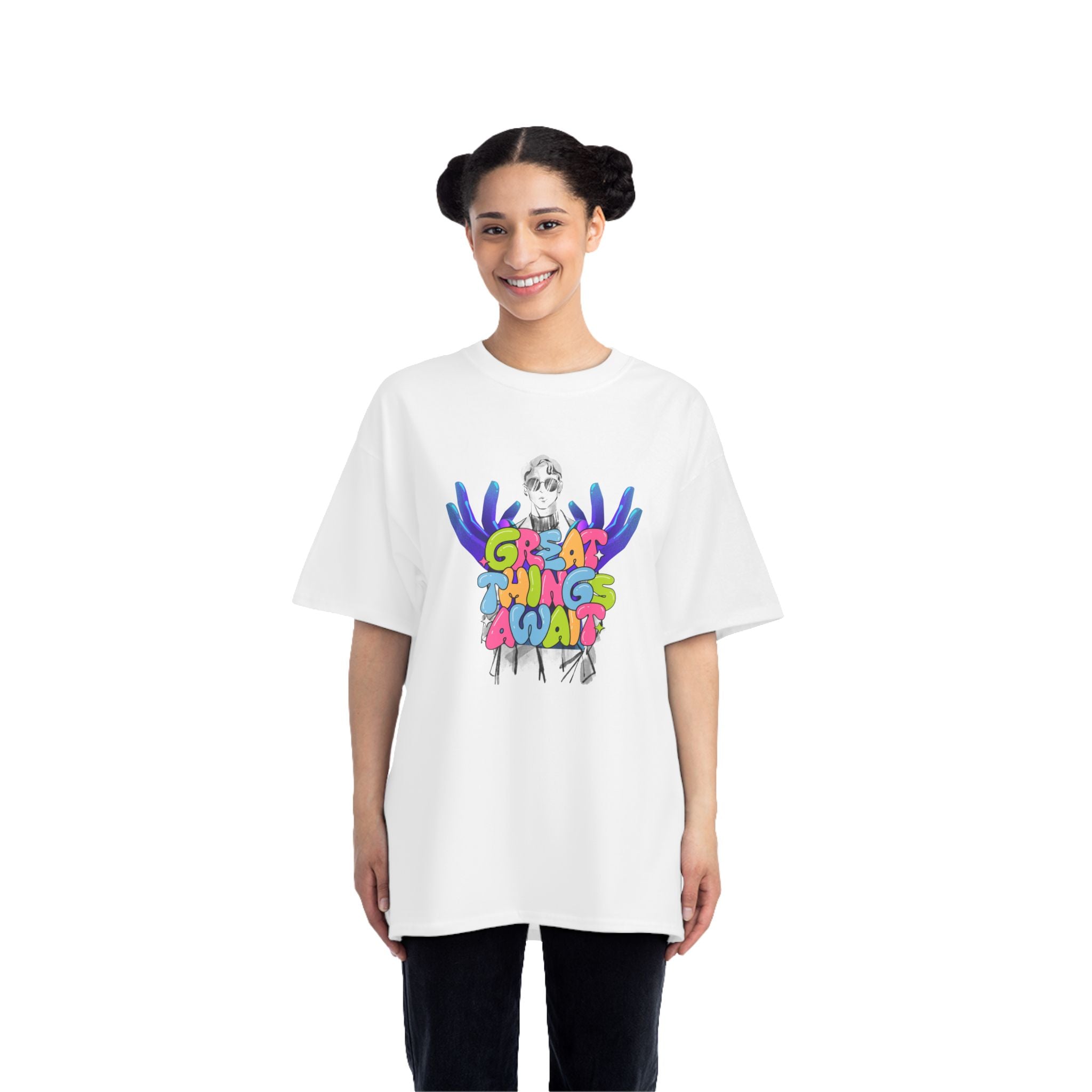 Colorful Graphic Tee - "Great Things Await" Inspirational T-Shirt, Fun Summer Shirt, Gift for Motivation, Youth Fashion, Casual Wear