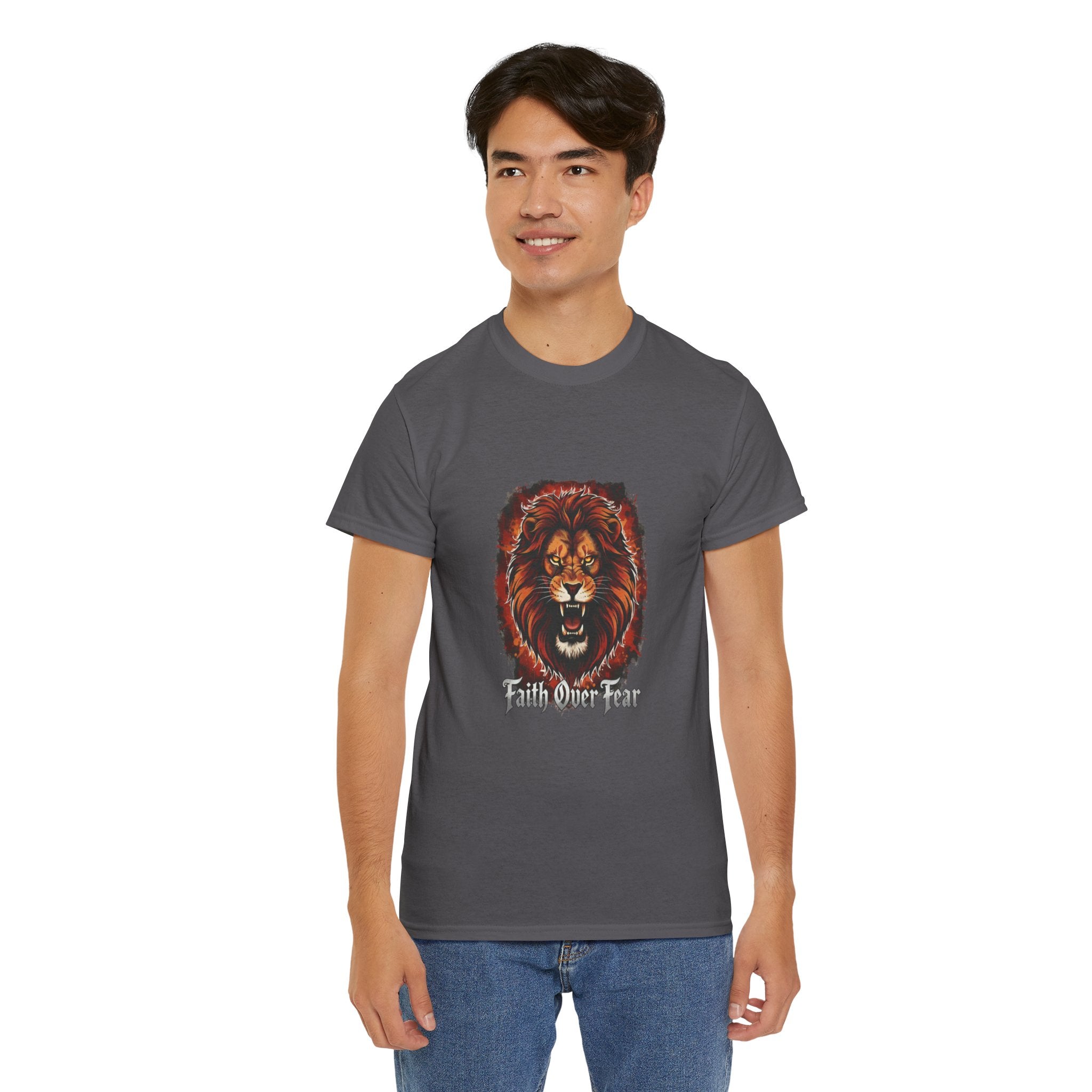 Fierce Lion "Faith Over Fear" T-Shirt | Unisex Heavy Cotton Tee | Inspirational & Motivational Apparel | Perfect Gift for Animal Lovers