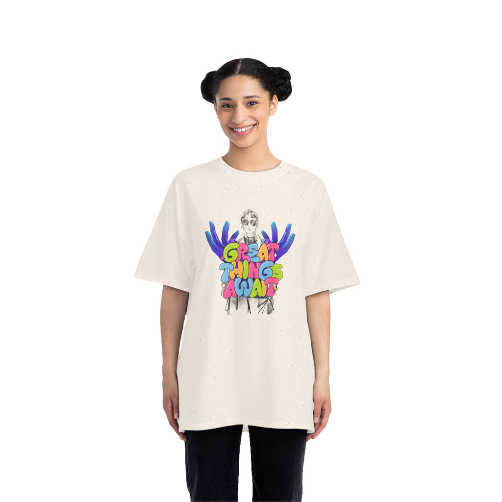 Colorful Graphic Tee - "Great Things Await" Inspirational T-Shirt, Fun Summer Shirt, Gift for Motivation, Youth Fashion, Casual Wear