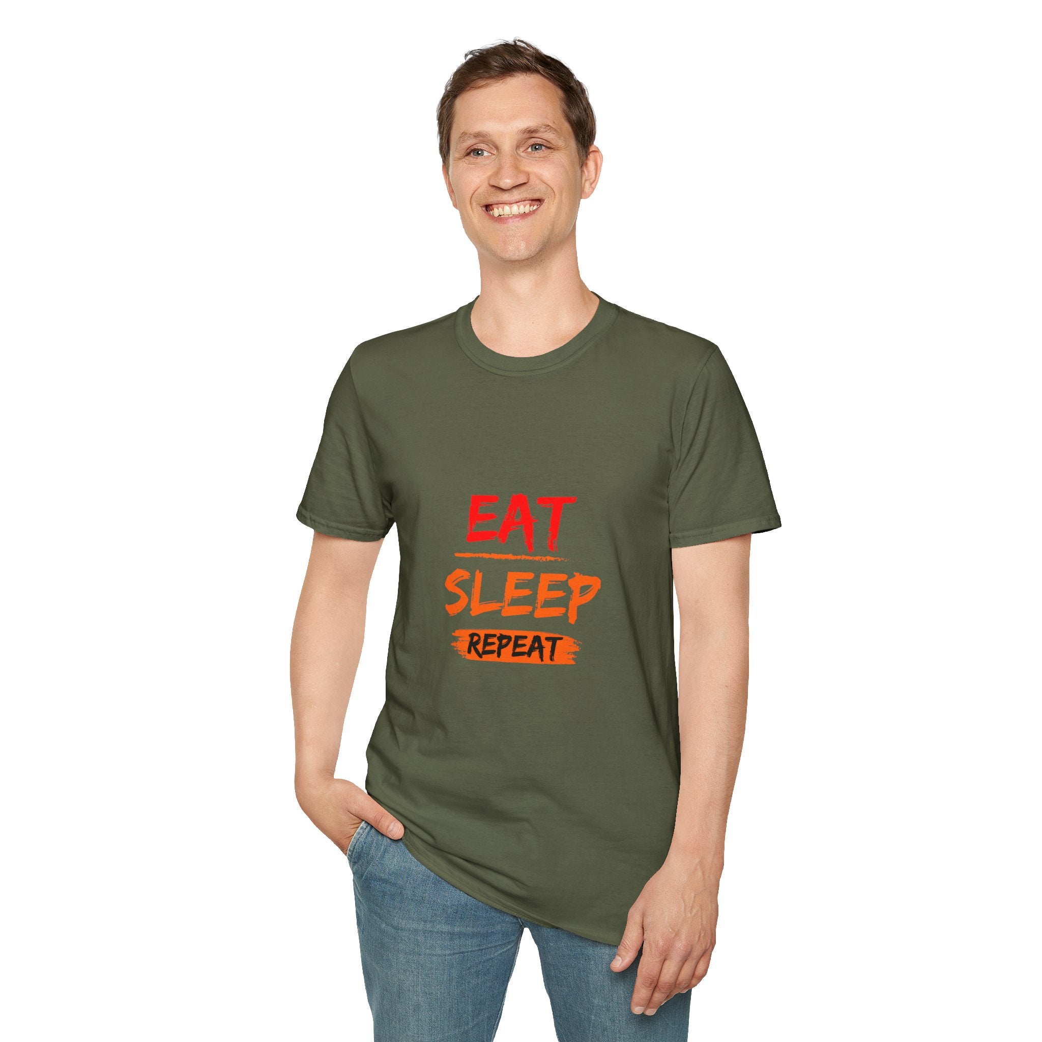 Eat Sleep Repeat Unisex Softstyle T-Shirt, Casual Tee, Gift for Gamers, Relaxed Fit, Everyday Wear, Fun Graphic Tee