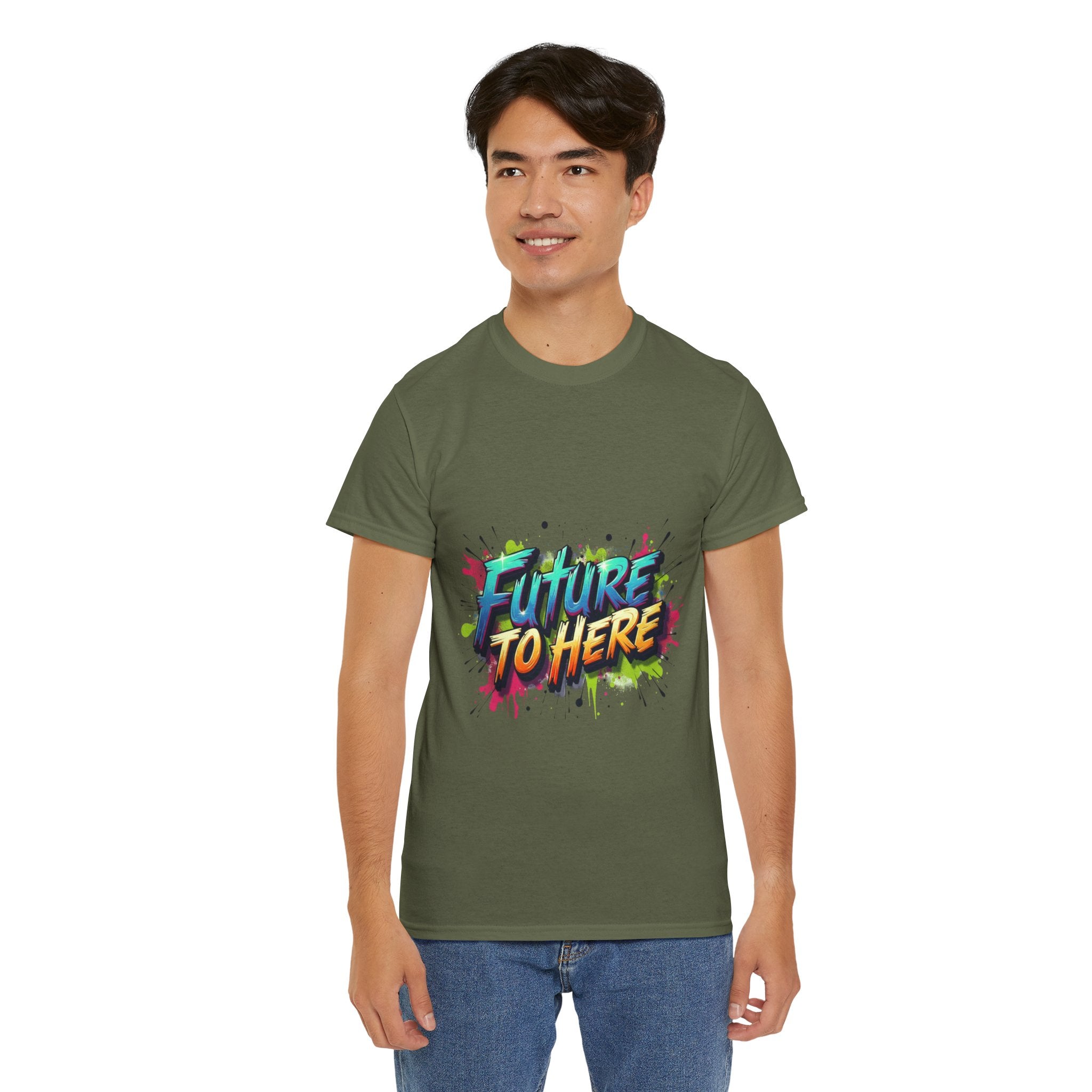 Colorful “Future Is Here” T-Shirt | Unisex Heavy Cotton Tee | Trendy Graphic Inspirational Quote Shirt | Perfect Gift for Dreamers & Achievers