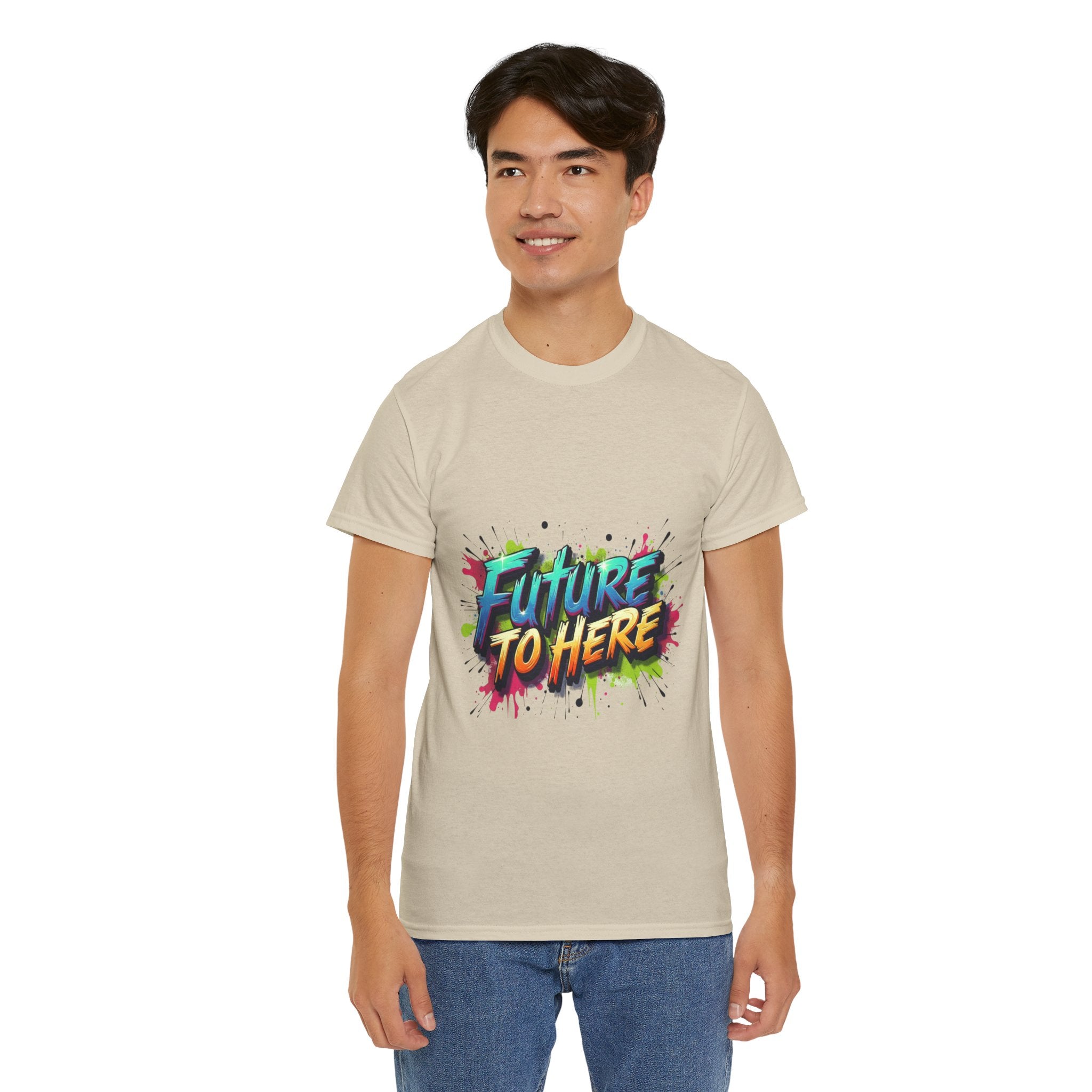 Colorful “Future Is Here” T-Shirt | Unisex Heavy Cotton Tee | Trendy Graphic Inspirational Quote Shirt | Perfect Gift for Dreamers & Achievers