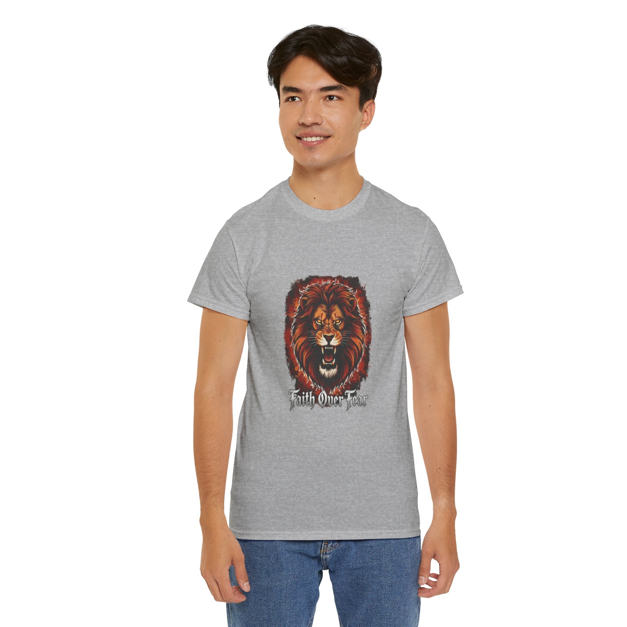 Fierce Lion "Faith Over Fear" T-Shirt | Unisex Heavy Cotton Tee | Inspirational & Motivational Apparel | Perfect Gift for Animal Lovers