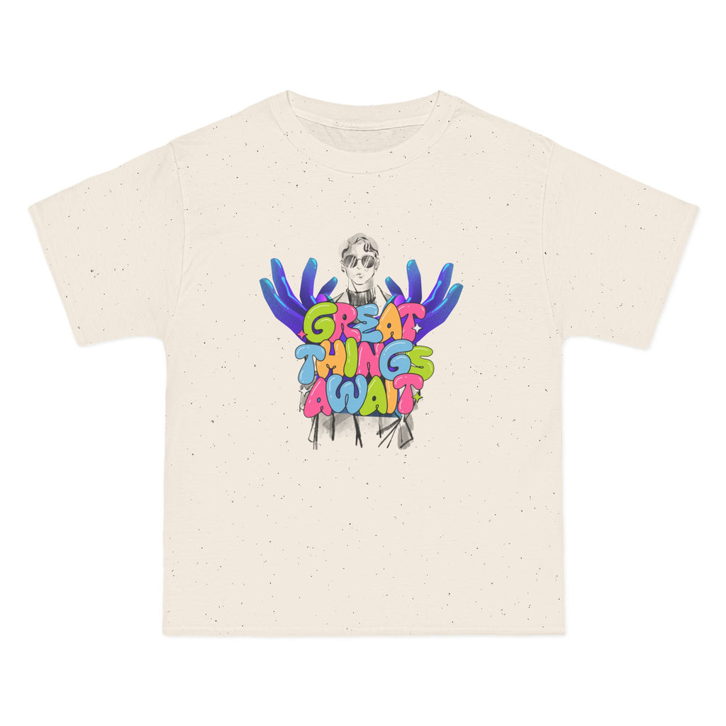 Colorful Graphic Tee - "Great Things Await" Inspirational T-Shirt, Fun Summer Shirt, Gift for Motivation, Youth Fashion, Casual Wear