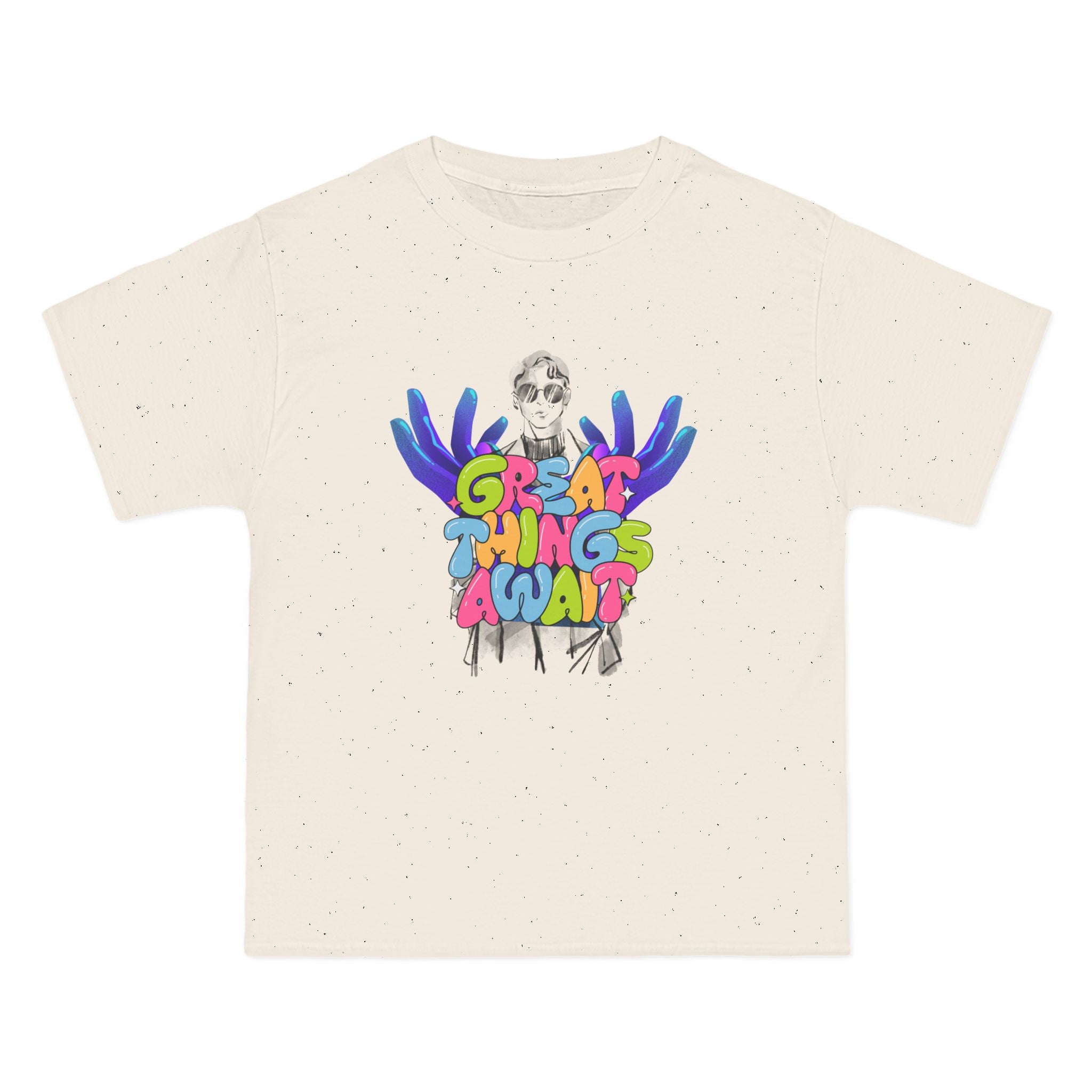 Colorful Graphic Tee - "Great Things Await" Inspirational T-Shirt, Fun Summer Shirt, Gift for Motivation, Youth Fashion, Casual Wear